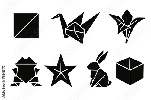 Bold Origami Icons. Traditional Origami Collection silhouette icon set: paper, crane, fan, lily, frog, star, rabbit, box.