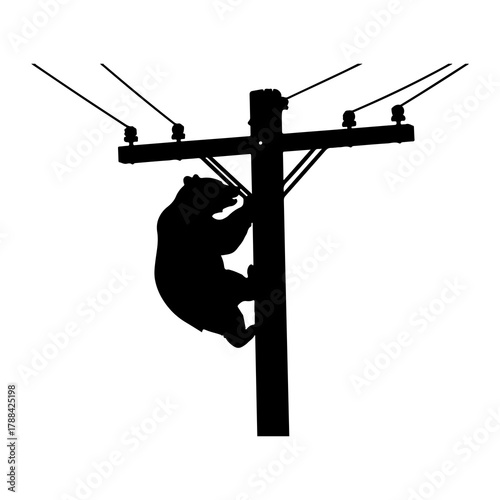 Bear silhouette climbing utility pole with wires electricity