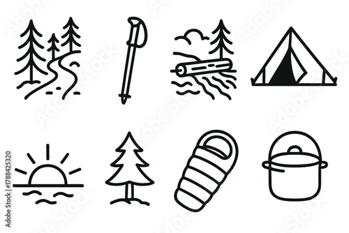 Nature Icons Collection. Outdoor Adventure linear icon set: forest trail, hiking stick, river crossing, camp tent, sunrise, pine tree, sleeping bag, cooking pot.