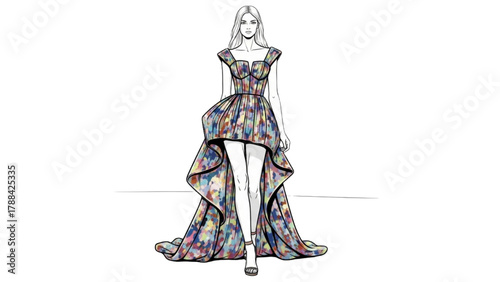Chic Fashion Illustration — Black Outline Colorful Art of Runway Model in Flowing Designer Ensemble on White Background