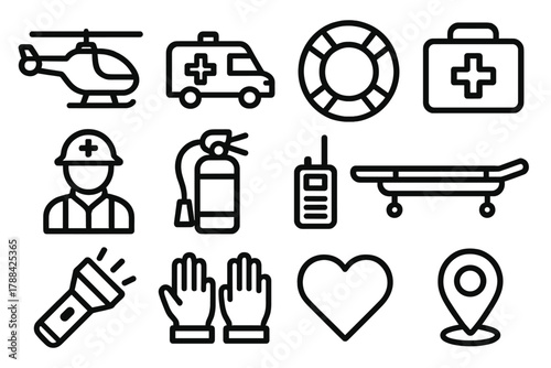 Rescue Services Icons. Rescue Services linear icon set: helicopter, ambulance, life ring, first aid kit, rescue worker, fire extinguisher, radio, stretcher, flashlight, gloves,