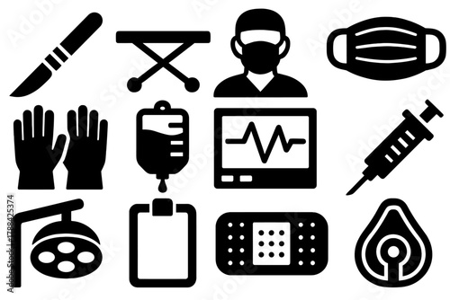 Brutalist Surgery Icons. Surgery silhouette icon set: scalpel, operating table, surgeon, mask, gloves, IV bag, heart monitor, syringe, hospital lamp, clipboard, bandage, anesthesia