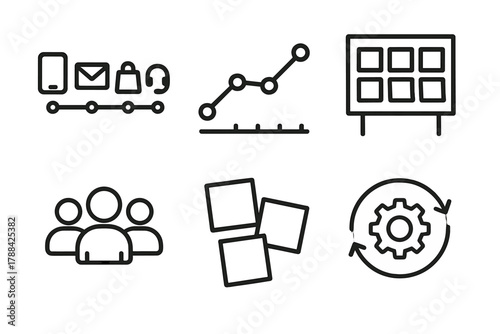 Strategy Icons Overview. Experience Strategy linear icon set: touchpoint icons, roadmap chart, design sprint board, collaboration team, post-it notes, improvement loop.