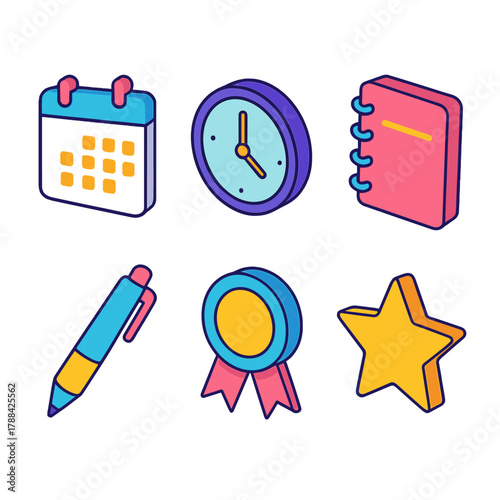 Week Icons Set. Week Overview modern flat icons set: Calendar, Clock, Notebook, Pen, Ribbon, Star.