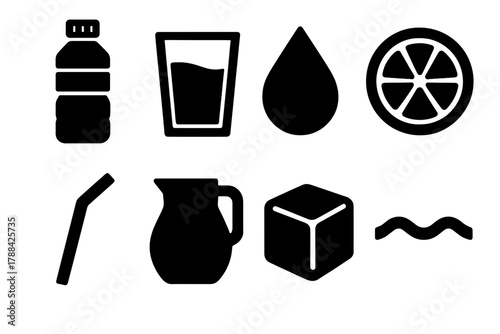 Bold Hydration Icons Set. Hydration Essentials silhouette icon set: water bottle, glass, droplet, lemon slice, straw, pitcher, ice cube, wave.