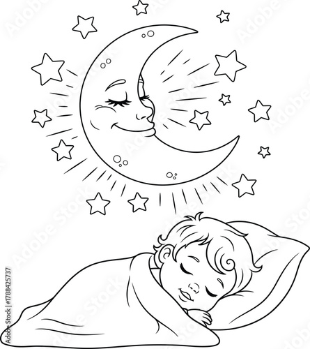 Sleeping Baby and Smiling Moon Coloring Page