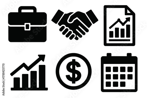Bold Business Icons. Business offer silhouette icon set: briefcase, handshake, document chart, bar graph, dollar coin, calendar.