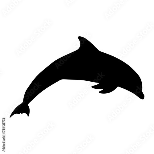 Black silhouette of a dolphin jumping on a white background