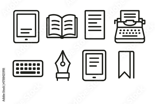 Digital Publishing Icons. Digital Publishing linear icon set: tablet, open book, article page, typewriter, keyboard, pen nib, e-reader, bookmark.