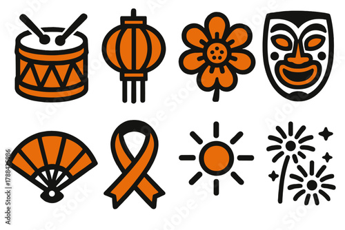 Brutalist Celebration Icons. Cultural Celebration silhouette icon set: drum, lantern, flower, mask, fan, ribbon, sun, fireworks.