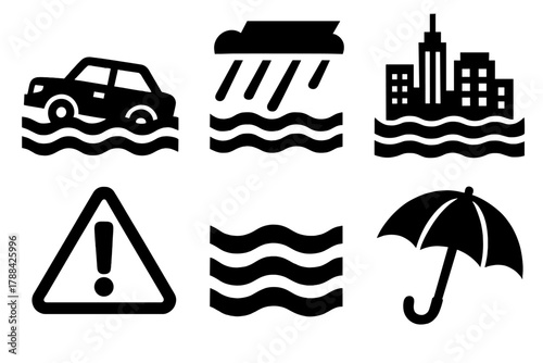 Urban Flood Icons. Urban Flood silhouette icon set: submerged cars, heavy rain, rising water, city skyline, warning sign, umbrella.