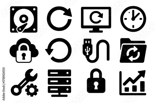 Bold Recovery Icons. System Recovery silhouette icon set: hard disk, arrow circle, backup monitor, clock icon, secure cloud, restore button, data cable, folder sync, padlock,