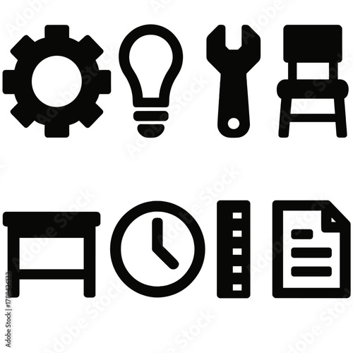 Brutalist Icon Set. Functional Design silhouette icon set: gear, light bulb, tool, chair, table, clock, ruler, document.