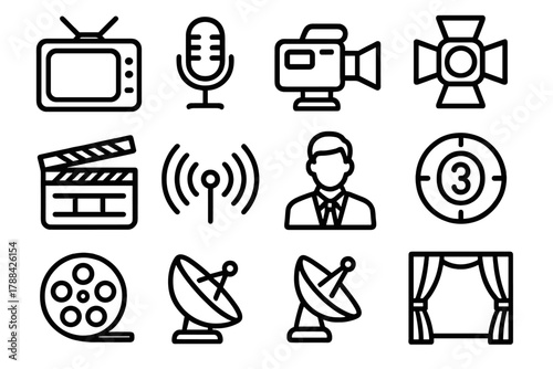 Media Icons Compilation. Broadcast Visual Media linear icon set: television screen, microphone, video camera, spotlight, clapperboard, radio waves, studio lights, news anchor icon,