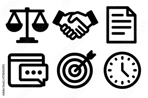 Mediation Icon Set. Mediation and resolution silhouette icon set: scales, handshake, document paper, chat window, target board, clock.