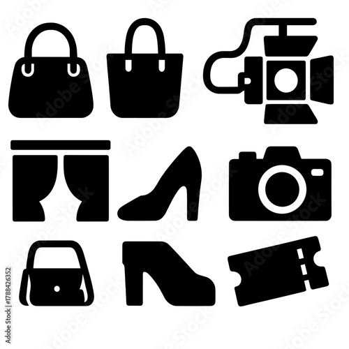 Brutalist Fashion Icons. Runway Accessories Set silhouette icon set: handbag, tote, crossbody, stage light, curtain, shoe, camera, ticket.