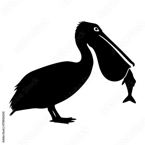 Black Silhouette of a Pelican Holding a Fish in its Beak