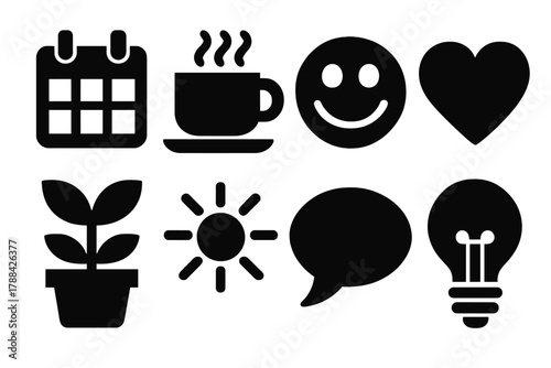 Bold Positivity Icons. Daily Positivity Set silhouette icon set: calendar, coffee cup, smiley, heart, plant, sun, quote bubble, light bulb.