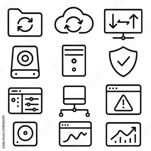 Data Sync Icons. File Synchronization linear icon set: folder icon, circular arrows, cloud server, data flow, secure connection, shield badge, storage drive, server tower, network