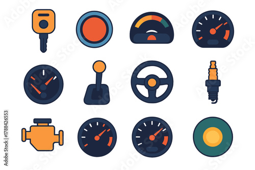 Car Engine Icons. Engine Start flat icons: car key, ignition button, dashboard, tachometer, fuel gauge, gear lever, steering wheel, engine block, speedometer, spark plug, exhaust