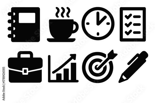 Daily Discipline Icons. Daily Discipline Collection silhouette icon set: planner, coffee cup, clock, checklist, briefcase, graph, goal, pen.