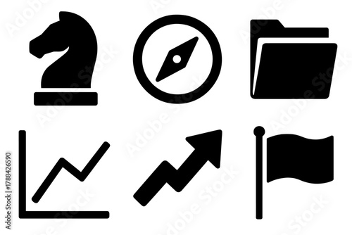 Bold Strategic Icons. Strategic resource allocation silhouette icon set: chess knight, compass, document folder, chart line, growth arrow, flag.