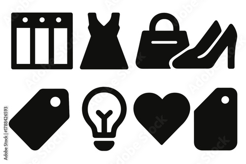 Brutalist Fashion Icons. Fashion Display Icons silhouette icon set: window, dress, bag, shoes, tag, light bulb, heart, price label.