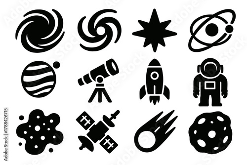 Space Icons Collection. Gravitational Collapse silhouette icon set: black hole, galaxy, star, orbit lines, planet, telescope, rocket, astronaut, nebula, satellite, comet, asteroid.