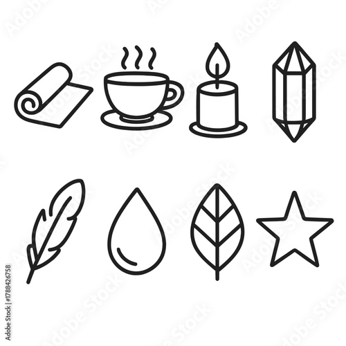 Mindful Meditation Icons. Mindful Meditation Set linear icon set: mat, tea cup, candle, crystal, feather, water drop, leaf, star.