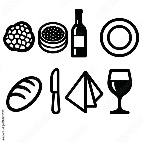 Gourmet Dining Icons. Fine Dining Gourmet Set silhouette icon set: truffle, caviar tin, wine bottle, plate, bread, butter knife, napkin, glass.