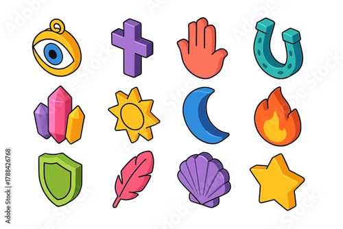 Vibrant Protective Charms. Protective Charms modern flat icons set: eye amulet, cross, hand symbol, horseshoe, crystal, sun, moon, flame, shield, feather, shell, star.