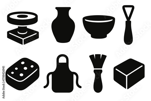 Pottery Tools Icons. Pottery Essentials silhouette icon set: clay wheel, vase, bowl, sculpting tool, sponge, apron, brush, clay block.