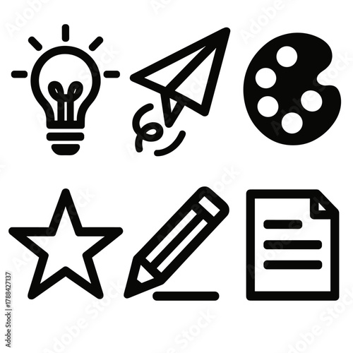 Brutalist Creativity Icons. Creative confidence silhouette icon set: light bulb, paper plane, palette, star, pencil, document.