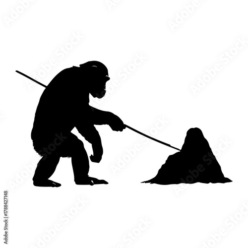 Chimpanzee Silhouette Using a Stick to Fish Keywords: chimpanzee, ape, primate, animal