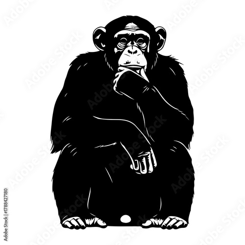 Chimpanzee sitting with hand on chin silhouette Keywords: chimpanzee, monkey, ape, primate