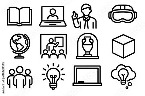 Virtual Education Icons. Educational Virtual Tours linear icon set: open book, laptop, teacher icon, VR headset, globe, classroom, museum artifact, 3D cube, student group, light