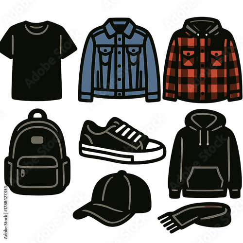 Casual Bold Icon Set. Casual Layered Look Collection silhouette icon set: T-shirt, denim jacket, flannel, hoodie, backpack, sneakers, cap, scarf.