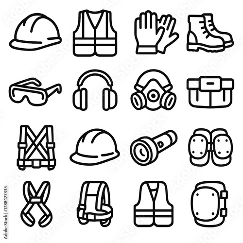 Construction Gear Icons. Construction Gear Set linear icon set: hard hat, safety vest, gloves, boots, goggles, ear protection, respirator mask, tool belt, harness, helmet,