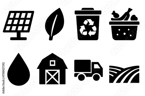 Sustainable Icon Set. Sustainable Food Systems silhouette icon set: solar panel, leaf, recycling bin, compost, water droplet, barn, truck, field.