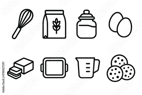 Home Baking Icons. Baking at Home Set linear icon set: whisk, flour bag, sugar jar, eggs, butter, tray, measuring cup, cookies.