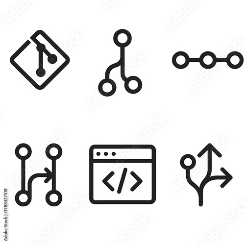 Version Control Icons. Code Repositories linear icon set: Git logo, branch diagram, version control timeline, pull request icon, source code window, merge arrows.