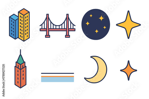 Cityscape Icon Set. Downtown Cityscape Symbols modern flat icons set: tall buildings, bridge outline, night sky, starry glow, tower, horizon line, moon, sparkle