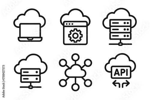 Cloud Service Icons. Cloud Services linear icon set: SaaS icon, PaaS icon, IaaS icon, cloud hosting, CDN network, integration API.