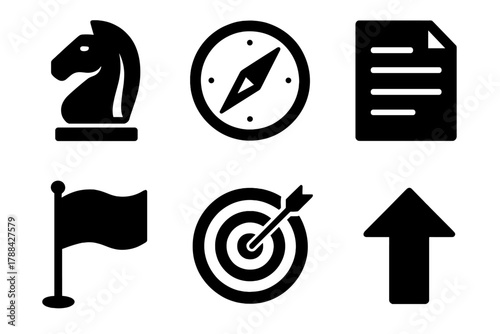 Bold Strategy Icons. Strategic preparation silhouette icon set: chess knight, compass, document paper, flag, target board, upward arrow.