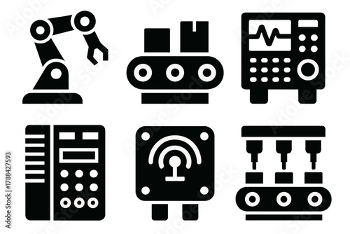 Brutalist Automation Icons. Industrial Automation silhouette icon set: robotic arm, conveyor belt, control panel, PLC unit, sensor module, assembly line.