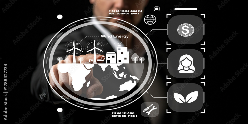 Obraz premium Business professional interacting with digital interface showcasing renewable energy concepts, wind energy, and sustainable development plans for future success