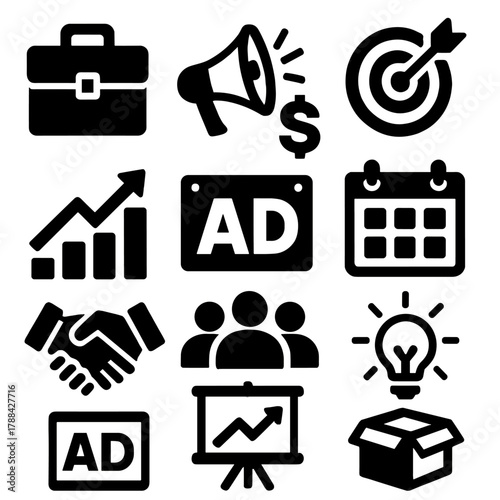 Bold Marketing Icons. Marketing Media Strategy silhouette icon set: briefcase, megaphone, dollar sign, target board, rising chart, ad banner, team group, calendar, handshake,