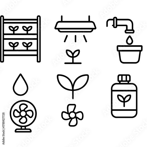 Indoor Garden Icons. Indoor Cultivation linear icon set: shelf, grow light, water pipe, pot, droplet, fan, plant, nutrient bottle.