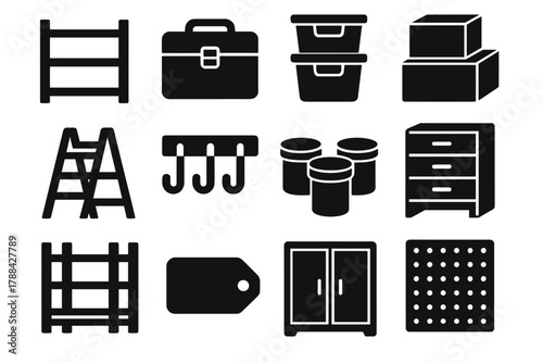 Bold Storage Icon Set. Storage Rack Set silhouette icon set: shelving unit, toolbox, bins, boxes, ladder, hooks, containers, drawers, pallet rack, label, cabinet, pegboard. , .
