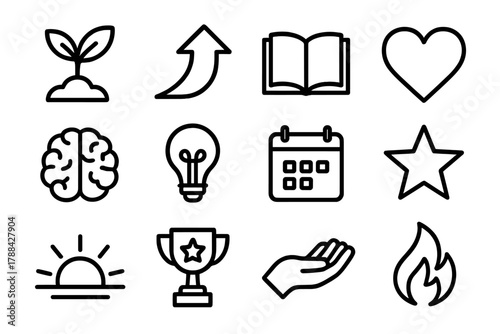 Journey to Success Icons. Personal Growth linear icon set: seedling, arrow upward, book, heart, brain, light bulb, calendar, star, sunrise, trophy, hand, flame.